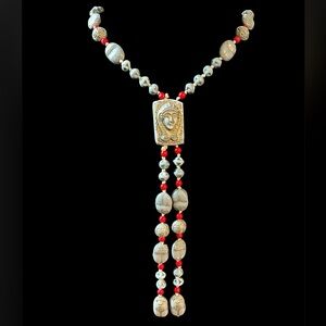 Vintage Egyptian Revival Scarab Beetle Glass Bead Lavaliere Necklace